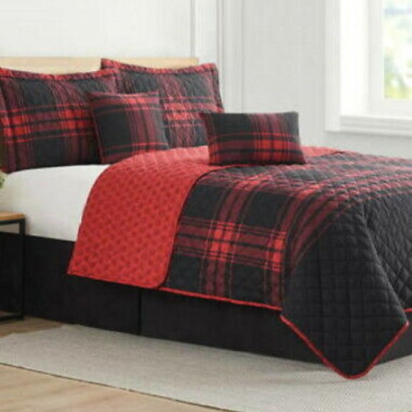 6 Pc. Red Buffalo Plaid Quilt Set Queen Modern Southern Home - Picture 2 of 4